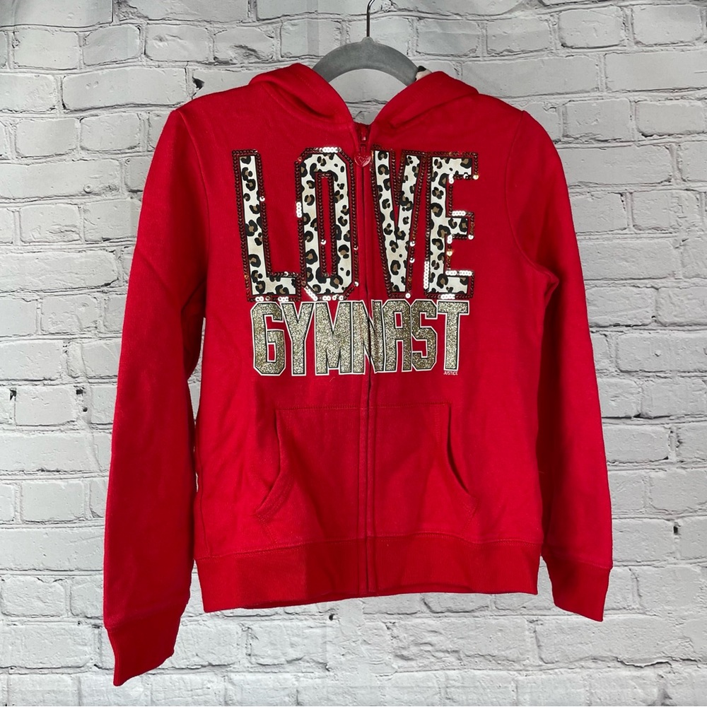 Justice little girl red zip up hoodie LOVE GYMNAST Animal print. Size 6